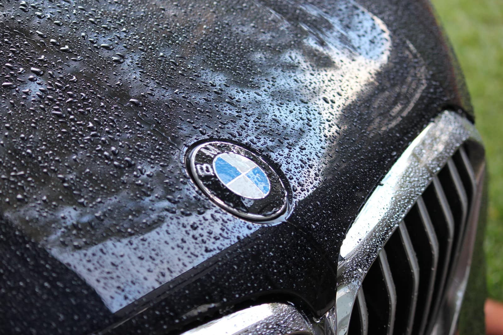 Water beading tightly on a freshly coated pale gray car hood in bright daylight